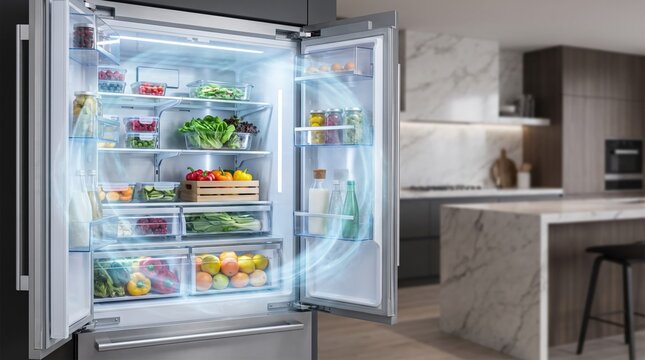 Open modern refrigerator full of fresh food with glowing blue cooling air effect.