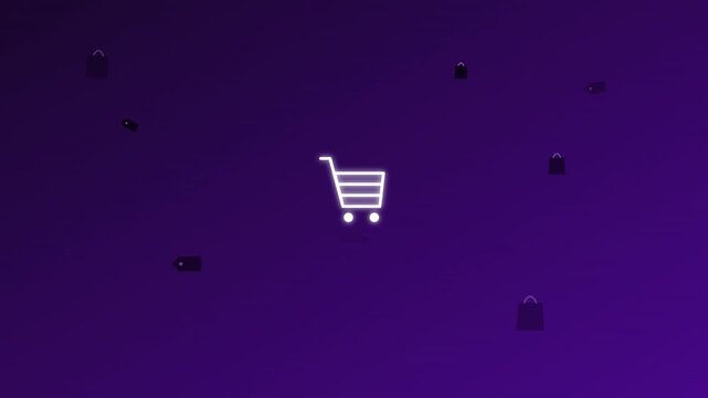 bouncing shopping cart icon on vibrant retail background