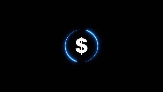 dollar sign, dollar icon animation. glowing neon dollar sing animation, neon dollar symbol blinks and appear in center