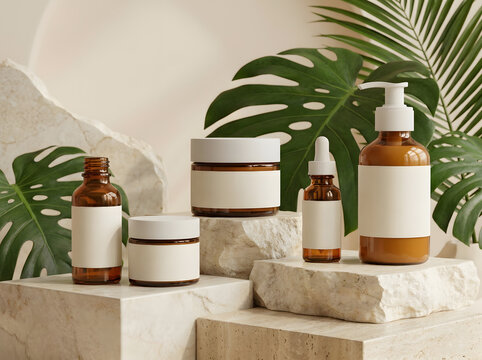 Amber skincare bottles and cream jars for organic wellness brands in North America.