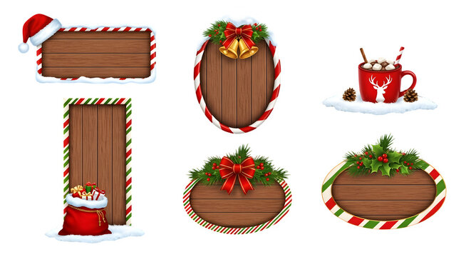 Christmas wooden signs with festive decorations isolated on transparent background