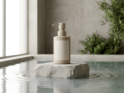 Modern cosmetic bottle on natural stone in water with gentle ripples and green plants.