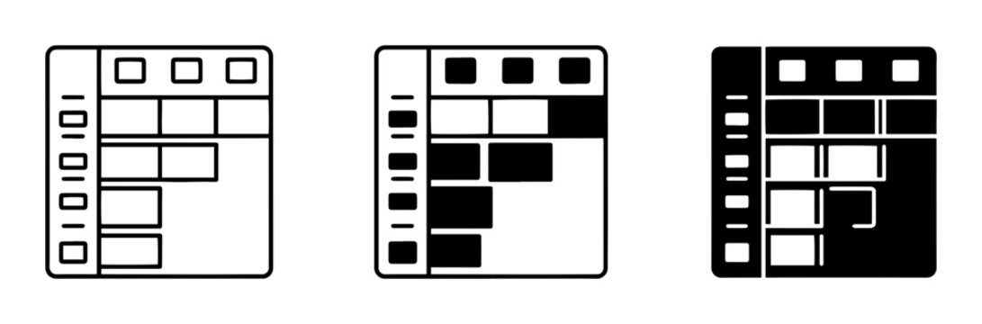Data Table Icons, Spreadsheet Grid Symbols, Binary Code Elements, Black and White UI Graphics