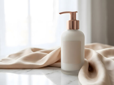 Blank cosmetic bottle with pump dispenser on luxury silk fabric in North America spa.