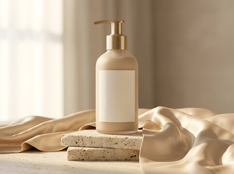 Natural skincare lotion bottle on stone texture base with fabric in North America set.