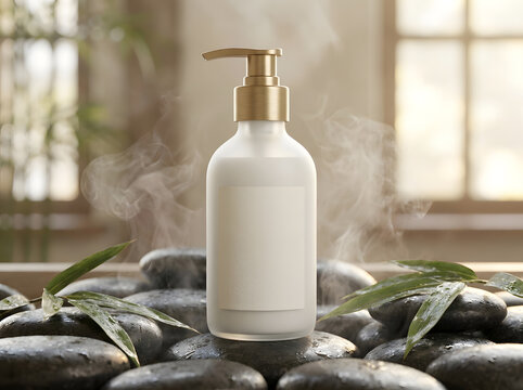 Refreshing beauty lotion bottle on zen stones with vapor steam in North America spa.