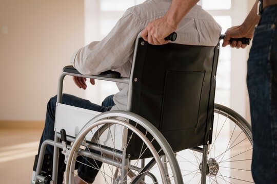 Personne en fauteuil roulant accompagn&eacute;e par un aidant, concept de mobilit&eacute;, inclusion, accessibilit&eacute;, autonomie et accompagnement des personnes en situation de handicap