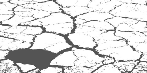 Obraz premium Cracked earth texture vector background, black and white perspective graphic of dry soil surface and severe drought