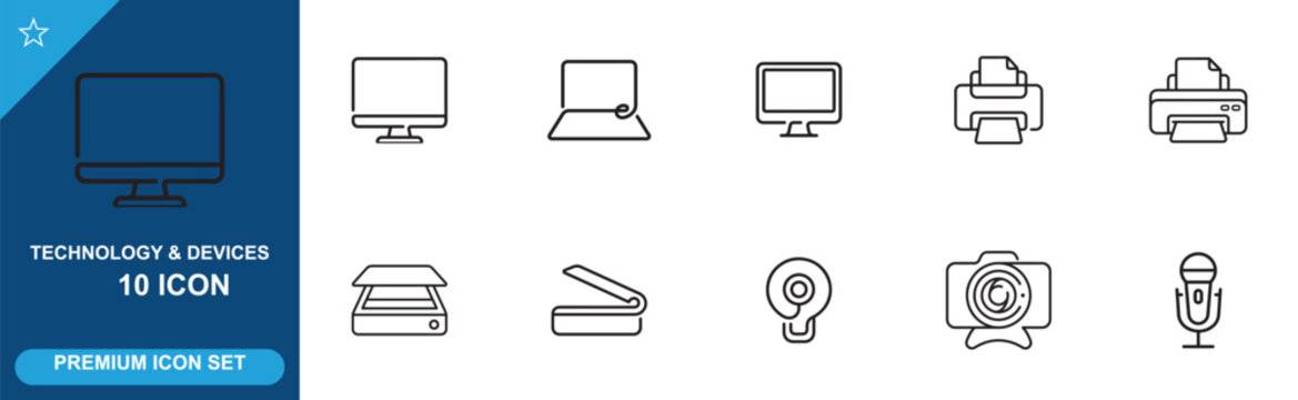 Office equipment icon collection with monitor printer scanner webcam and microphone design.