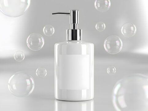 Glossy white soap bottle with chrome pump surrounded by floating iridescent bubbles.