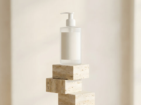 Minimalist skincare bottle on stacked travertine blocks against neutral cream wall.