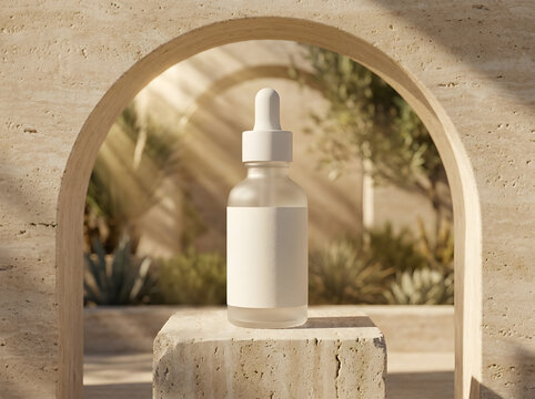 Blank frosted glass dropper bottle on stone stand within arched alcove North America.