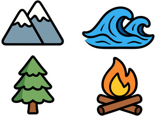 Naklejka premium vector badge set of nature elements including mountains, ocean waves, a pine tree, and a campfire, rendered in a clean, hand-drawn cartoon flat outline style.
