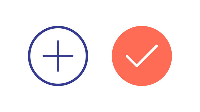 Add plus and confirm checkmark icons set in blue and red flat vector style for user interface