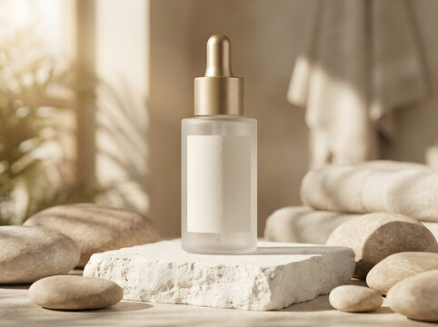 Blank frosted glass serum bottle mockup on textured stone platform in North America.