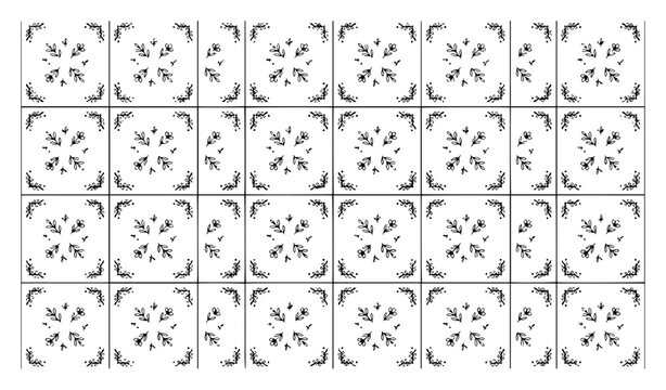 Ceramic tile pattern with vintage delicate floral ornaments in square frames