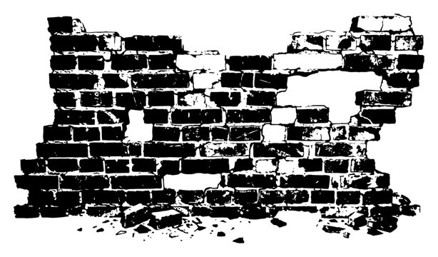 Ruined brick wall with crumbling stone blocks and high contrast grunge texture