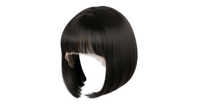 Sleek black bob wig with blunt bangs during studio lighting for beauty concepts isolated on transparent background