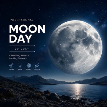 International Moon Day Celebration with Glowing Full Moon, Starry Night Sky and Space Exploration Concept