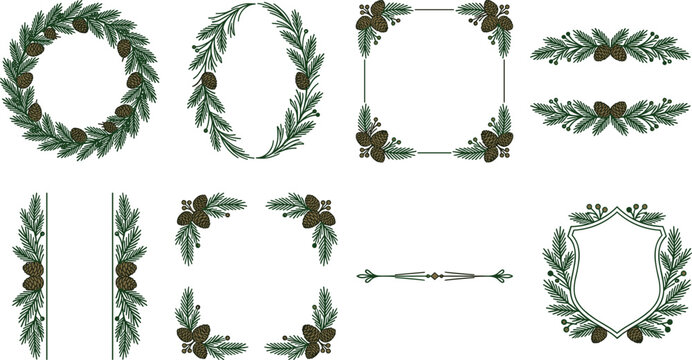 Collection of Pine Branch and Pinecone Frame Illustrations