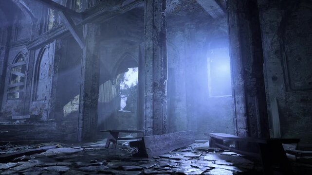 Faint rays of light stream through the broken walls of an abandoned chapel. Dust particles dance in the air as wild plants peek through the cracked stone, reclaiming this forgotten space.