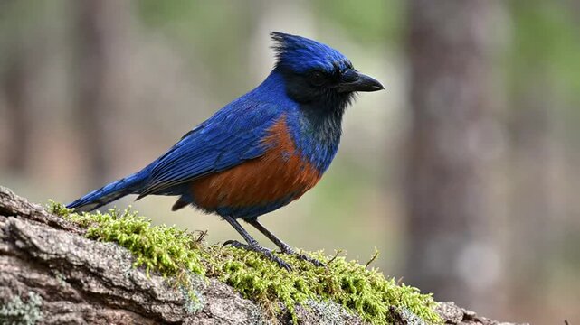 Vibrant blue-crested bird perched on mossy tree branch in forest habitat blue bird crested jay wildlife