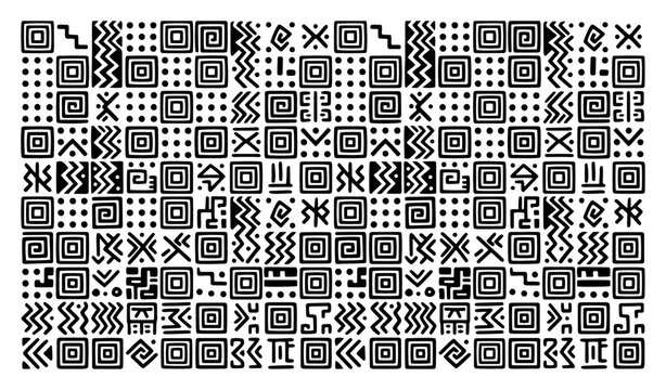 ethnic tribal symbols pattern with ancient geometric glyphs in abstract style