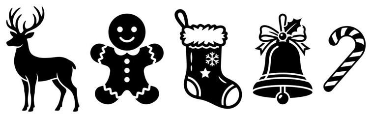 Christmas holiday silhouette icons with reindeer gingerbread man stocking bell candy cane style © Cristiano