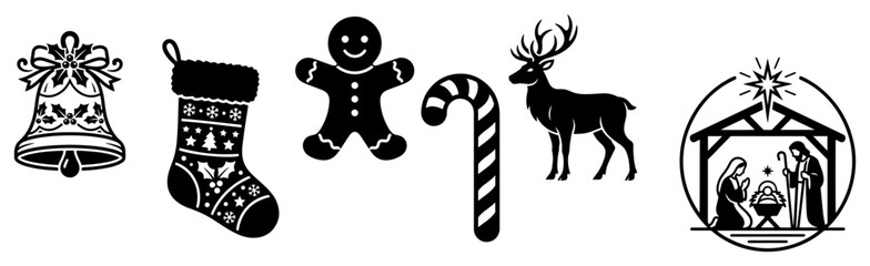 Christmas icons set with reindeer gingerbread man stocking bell candy cane and nativity badge © Cristiano
