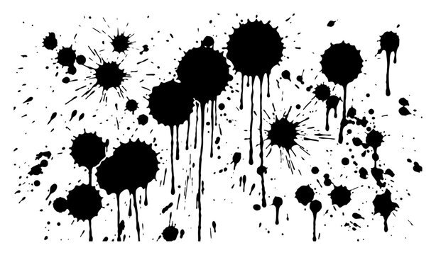 Ink blots with running paint drips and scattered splash stains