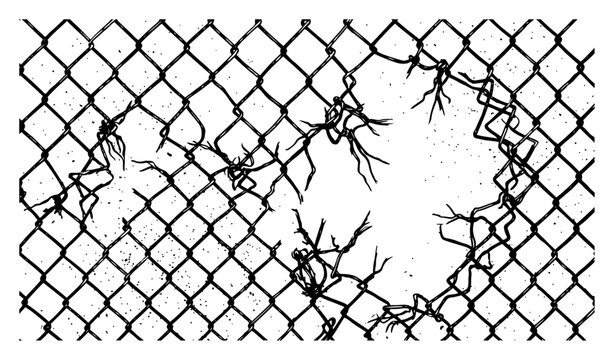 wire mesh fence with broken torn hole in grunge metallic style