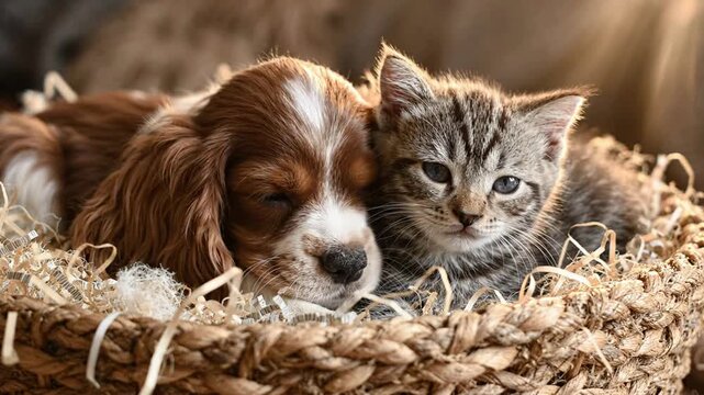 Adorable cocker spaniel puppy and tabby kitten sleeping together in a woven basket animals