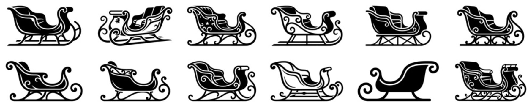 Santa sleigh silhouette icons collection for Christmas winter holiday decorative style