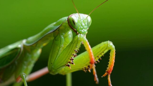 Macro close-up of green praying mantis insect, detailed wildlife nature portrait