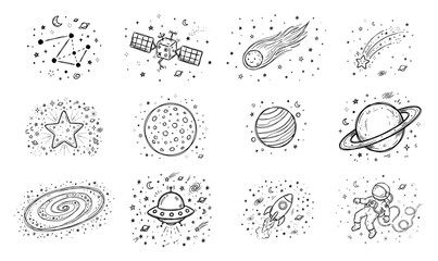 Outer space doodle icons with cute cosmos planet rocket and astronaut illustrations © Cristiano