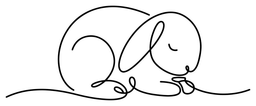 Sleeping rabbit curled up bunny with floppy ears continuous line art drawing minimalist style