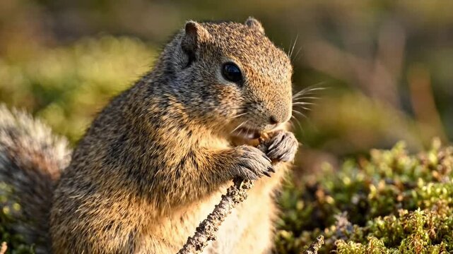 Cute ground squirrel eating and foraging in natural habitat, close-up wildlife portrait rodent nature