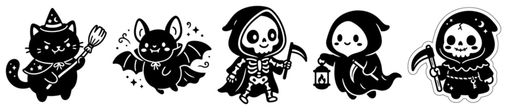 Halloween cartoon character set with cute chibi grim reaper vampire bat and witch cat