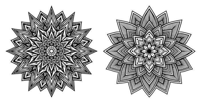 Circular mandala ornaments with complex geometric star patterns and detailed line art