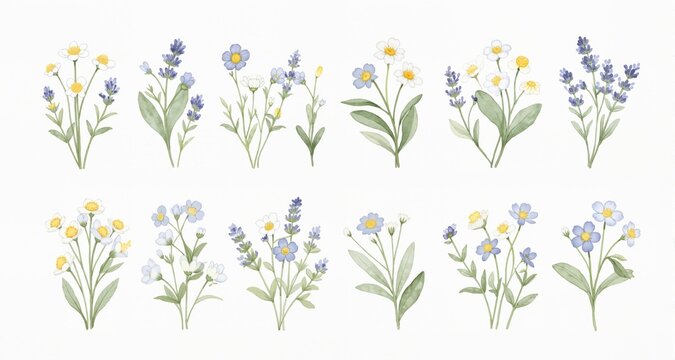 watercolor arrangements with small flower. Botanical illustration minimal style.
