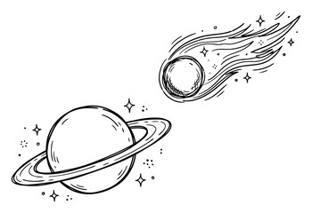 Ringed planet and flying comet in celestial outer space sketch style © Cristiano