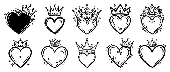 Heart with crown icons set in romantic princess tattoo doodle style © Cristiano