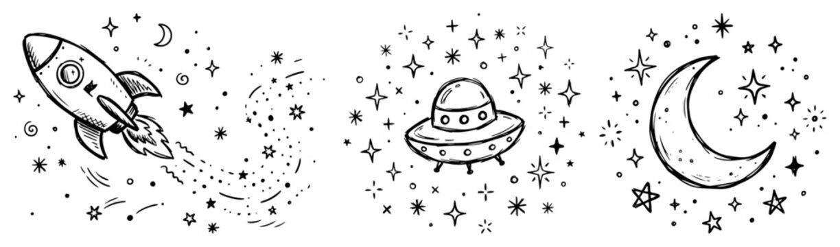 space scenes with rocket flying saucer and crescent moon in cute cosmic doodle style