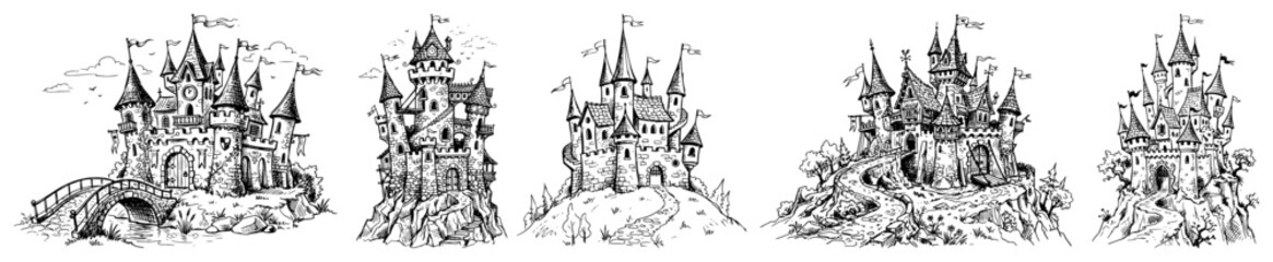 Naklejka premium Fantasy castle illustrations set with medieval fairytale fortress sketches in detailed outline style