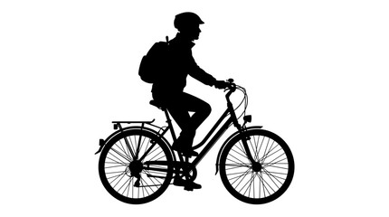Fototapeta premium Black silhouette of a person wearing a helmet and backpack riding a bicycle