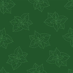Mint Leaf Seamless Pattern on Dark Green Background. Botanical Line Art Peppermint Buds Repeating Backdrop. Fresh Basil or Melissa Outline Foliage Template. Vector Illustration. © Ludmila