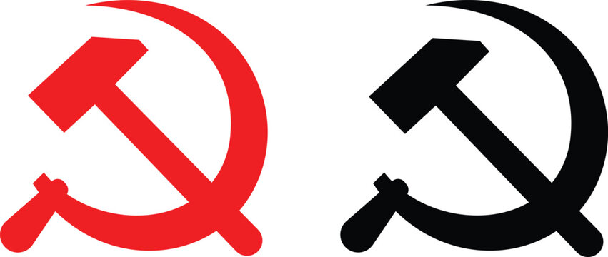 Two hammer and sickle symbols in red and black colors, isolated on a white background, representing historical political iconography