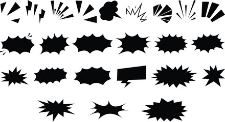 Collection of black comic book speech bubbles and explosion sound effect shapes, isolated on a white background, for storytelling © farhanatisha