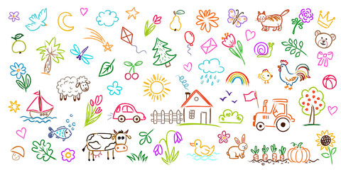 Kids doodle drawings set with cute colorful children sketches of animals plants house car and tractor isolated on white background © Liubov