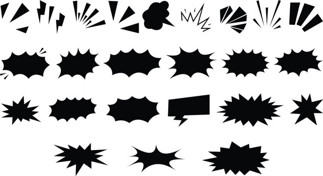 Collection of black comic book speech bubbles and explosion sound effect shapes, isolated on a white background, for storytelling